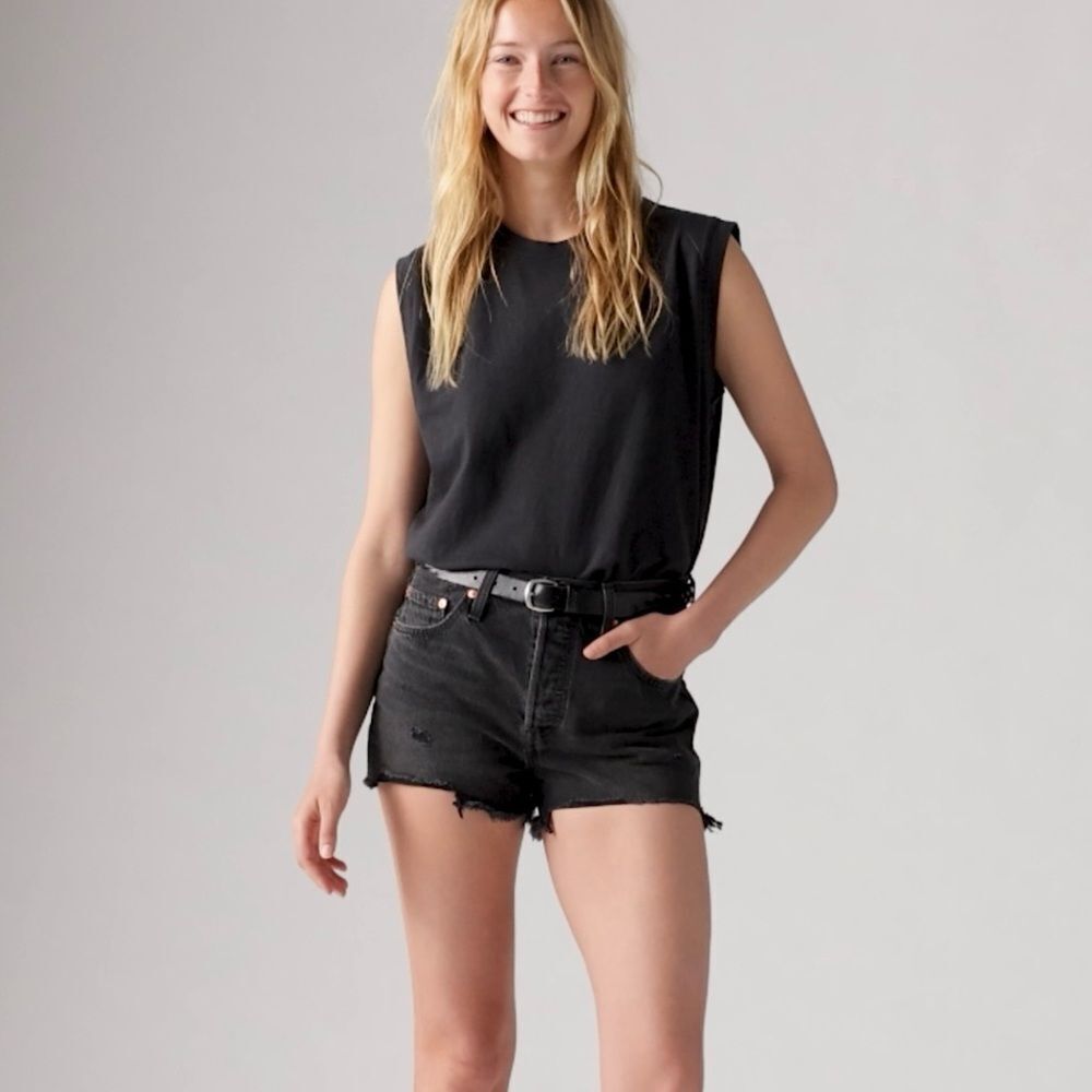 Levi’s 501 Original Fit High Rise Distressed Cutoff Black Denim Shorts